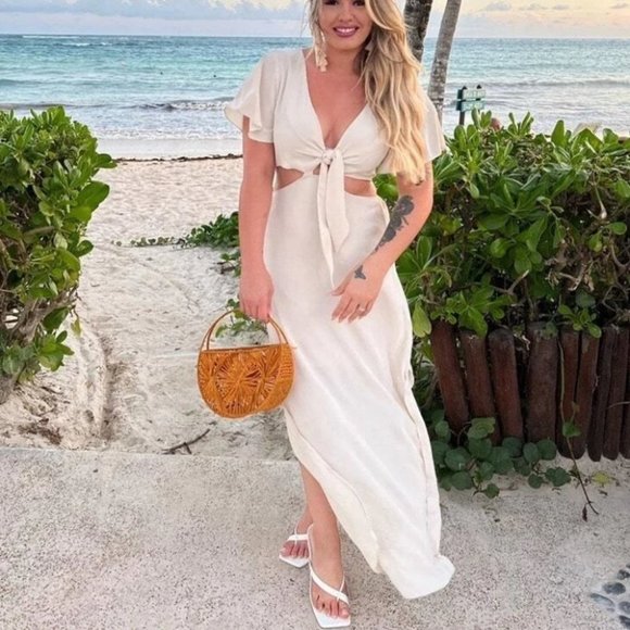 BEIGE TIE FRONT CUT OUT SPLIT HEM MAXI DRESS - Picture 2 of 14